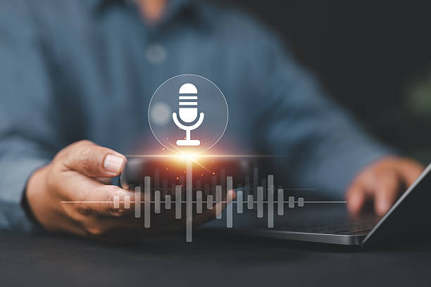 istock Voice recording concept. Mobile application, record sound and voice message. Man using smartphone with voice recording app. Use AI Enabled Internet Search for Easy Access to Information. 2234225277