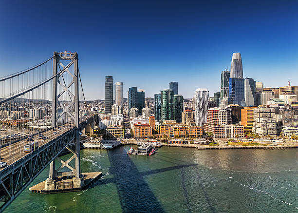 Aerial of the Bay Bridge on the right with the Downtown San Francisco skyline during the morning.