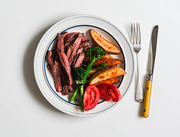 Sliced undercooked meat in plate, fork and knife on the white background.