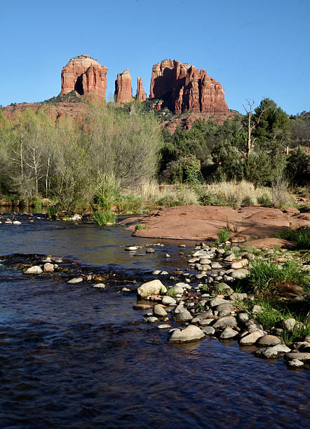View to Cathedral Rock from Crescent Moon Picnic Site near Sedona, Arizona, with the Oak Creek in front.