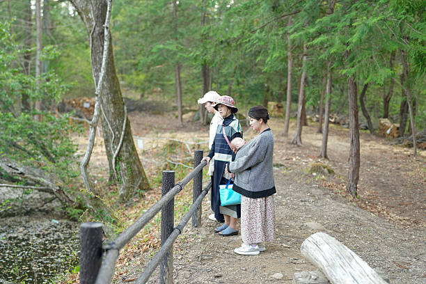 Three women are standing on a path near a pond, looking at something in the distance. Scene is peaceful and serene, as the women seem to be enjoying the natural surroundings