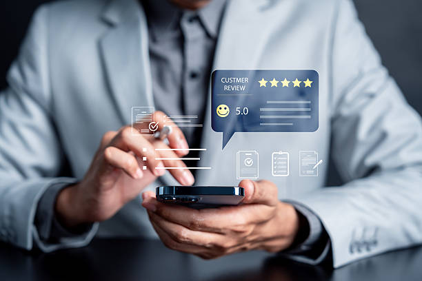 istock Customer review and feedback survey with five star rating, satisfaction, testimonial, user experience, trust, and service quality. 2234238667
