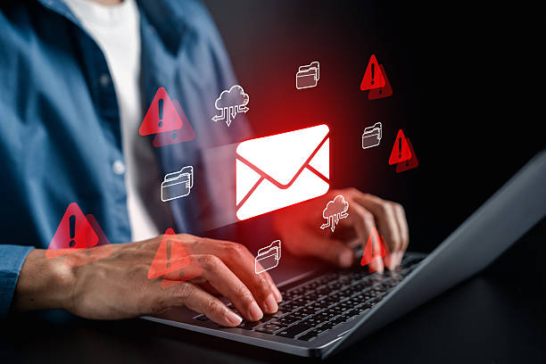 istock Email spam warning and cybersecurity threat with red alert icons. phishing, scam, malware, data breach, email attack, and online security risk. 2234238683