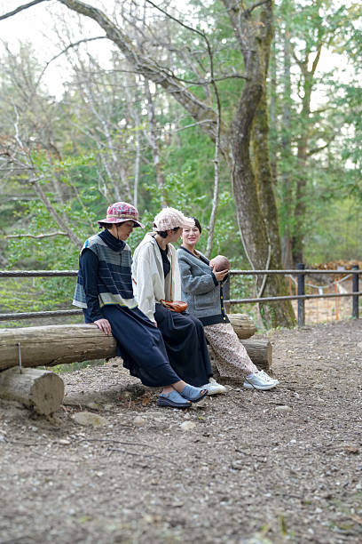 istock Three women sit on a log in a forest 2234238978