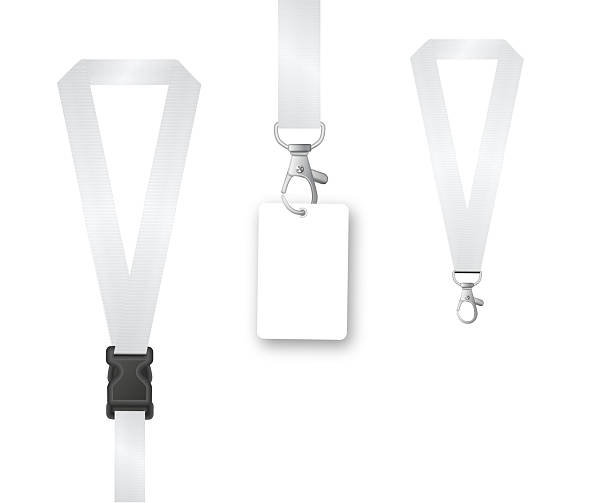 istock Badges Lanyard design. Identification card with ribbon. Metal closure and card with plastic. Accreditation for events congresses and companies. Vector 2234239184