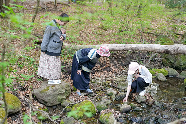Three women are looking at something in a stream. One of them is wearing a hat