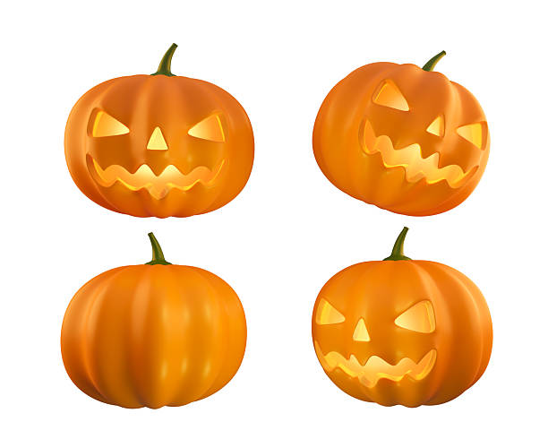 3D Render orange Pumpkin Halloween with scary face and light illuminated. Isolated cutout Evil Jack o lantern pumpkin head with smile for trick or treat in October holiday of fear ghost festival