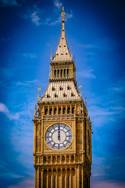 Close-up of the Elizabeth Tower, famously known as Big Ben, in London, England, with the clock hands pointing to twelve o’clock. The detailed Gothic Revival architecture of the tower stands out against a bright blue sky. This symbolic image captures one of the world’s most recognizable landmarks at the exact moment of midday, representing time, history, and the heartbeat of British culture.