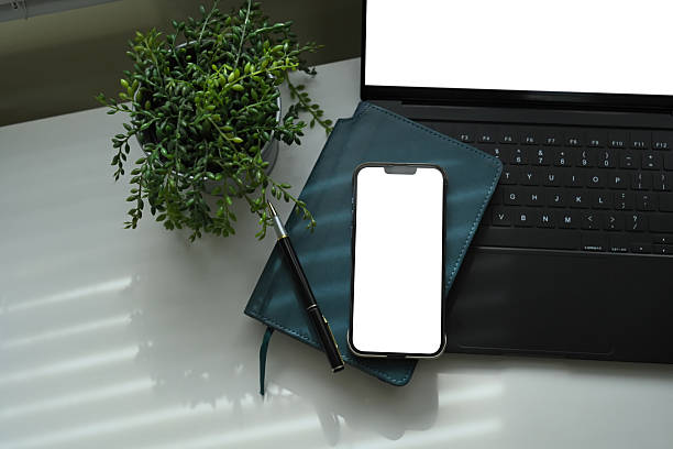 istock Smartphone with blank screen on notebook, and laptop, with plant decor on desk 2234248190