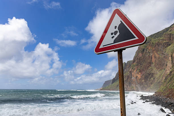 warning sign danger risque de chute text french means danger risk of falling indicating the risk on coast cliff