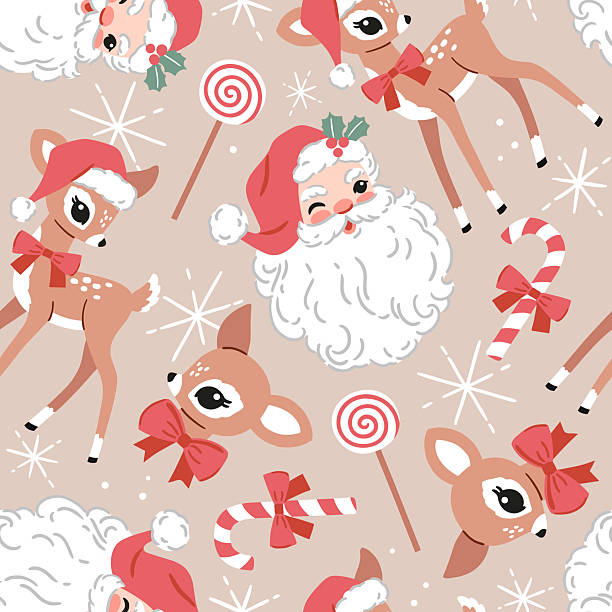 Seamless vector pattern with vintage Santa Claus and cute Christmas deer. Hand drawn retro Christmas pattern. Perfect for textile, wallpaper or nursery print design. EPS10 vector file.