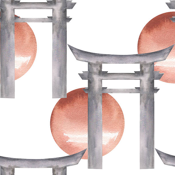 istock Japanese outdoor gate with red sun watercolor seamless pattern. Hand drawn geometric background with eastern culture elements. Torii clipart for textile, fabric, concept packing design 2234252627