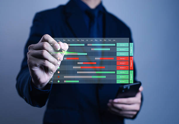 istock Businessman using digital Gantt chart project management dashboard for planning, tracking progress, and team collaboration in corporate strategy, productivity, and time management. 2234254818