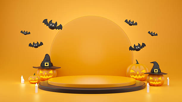 istock Happy Halloween background 3D render orange podium display, empty product stand showcase with blank backdrop. Pedestal stage and evil group pumpkins, bats, candles for promotion banner Spooky festival 2234255516