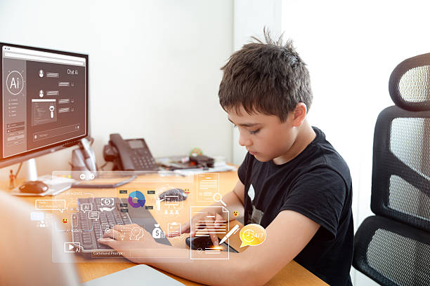 istock Teen boy studying with tablet and AI interface graphics.Concept of e-learning, artificial intelligence in education,online study with classmates, multilingual learning and future classroom technology 2234257303