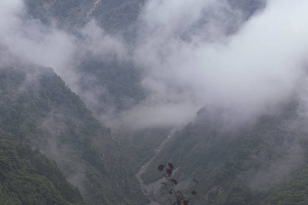 The rolling fog creates a mystical atmosphere, blending the peaks and valleys into soft layers, dreamlike beauty of the mountainous terrain.