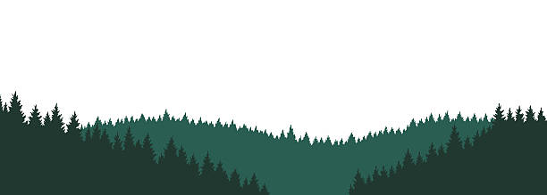Mountains silhouettes landscape background. Rocky panorama with mountains skyline and pine tree forest. Scenery with slopes, vector cartoon illustration.