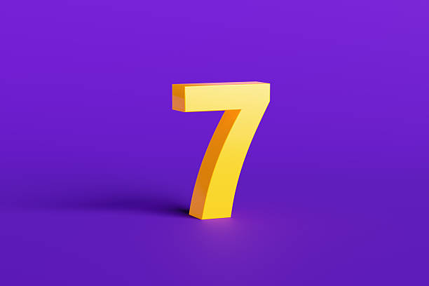 3D rendered, illuminated, glowing yellow neon number seven on purple background.