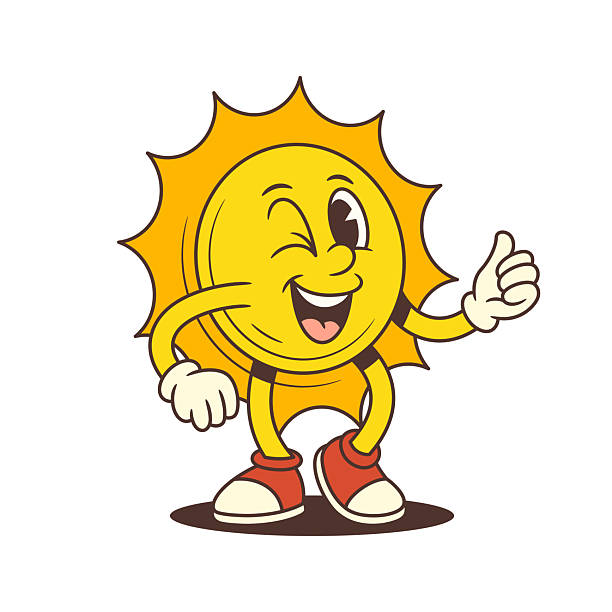 Happy vintage sun mascot winking and showing a thumbs up gesture with confidence. Suitable for summer themes, vacation designs, branding, and playful projects. Vector illustration