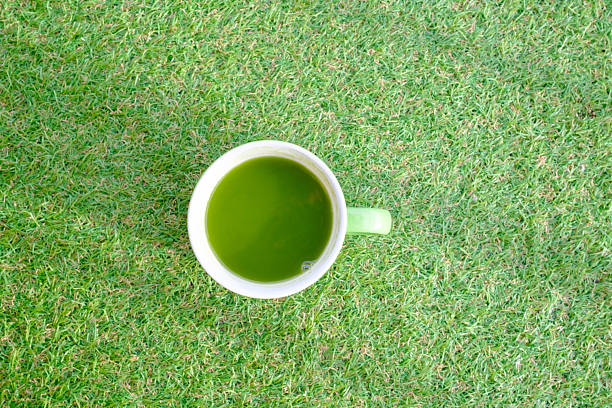 Light green ceramic mug containing vibrant green matcha tea rests on a backdrop of lush, short, uniformly cut grass, creating a harmonious blend of colors and textures