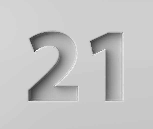 Sleek White Number 21 Twenty One With A Subtle Shadow Embossed Into Grey Background 3D Illustration stock photo