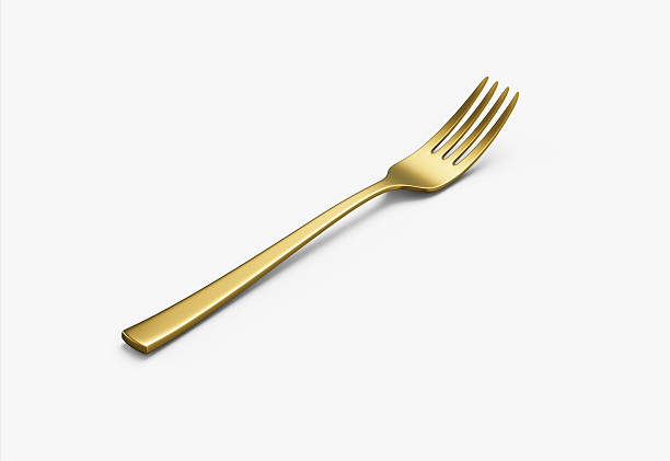 istock A sleek gold-plated fork with a reflective finish and a slightly curved handle. 3D Illustration 2234265598