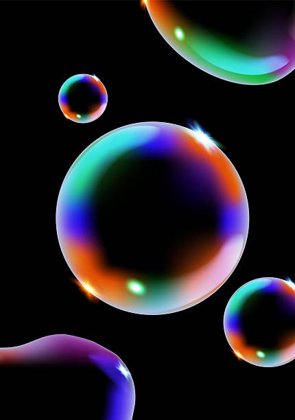 istock Glowing soap bubbles on black background. Colorful soap bubble. 3D soap balloon. Foam, powder, soap, detergent 2234269263