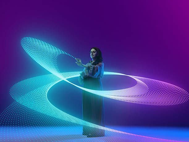 istock Digital artwork. Woman standing and interacting with neon vortex of glowing dots 2234271032