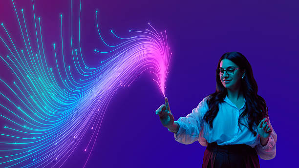 Creative collage. Woman in white blouse touching neon digital stream with finger