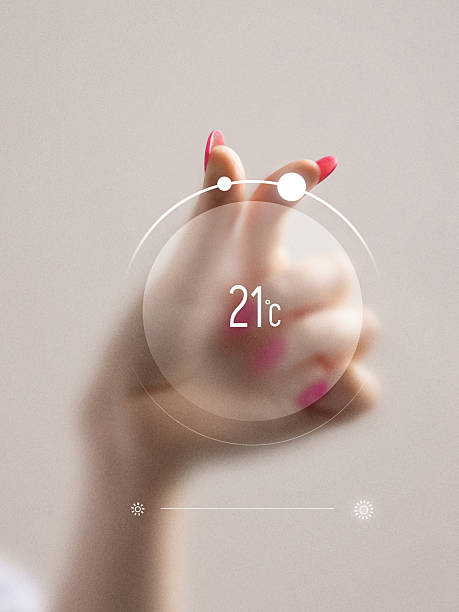 Bold artwork. Hand with pink nails adjusting futuristic digital thermostat showing 21 degrees Celsius. Concept of smart home, climate control, technology comfort, and emotional satisfaction.