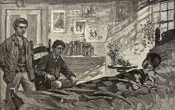 Antique illustration pre 1900 - two men looking at a boy who is in bed ill as sunshine comes through window