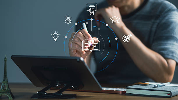 istock Man Interacting with Virtual Book and Online Education Icons 2234279430