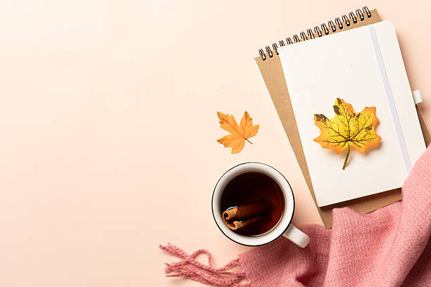 istock Notebook, hot tea and scarf with fallen leaves. 2234282523
