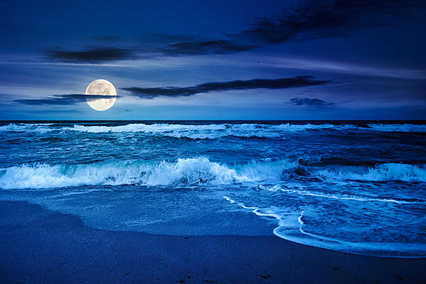 istock stormy beach scenery with waves splash on sand shore under scenic clouds on the sky at night 2234288222
