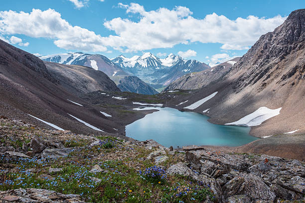 istock Most beautiful turquoise alpine lake among sheer crags against snow-covered range with few pointy peaks. Flowers on grass among sharp stones and azure mountain lake against three snowy peaked tops. 2234288521
