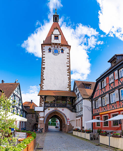 City gate with clock tower and arch on Hauptstrasse street in Gengenbach Black Forest Germany historic center