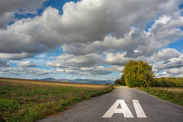 AI text on  anAsphalt road and field with cloudy blue sky