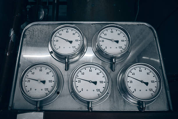 Stainless steel industrial control panel featuring five round analog temperature gauges. Each gauge displays temperature readings in Celsius, with needles pointing to various values