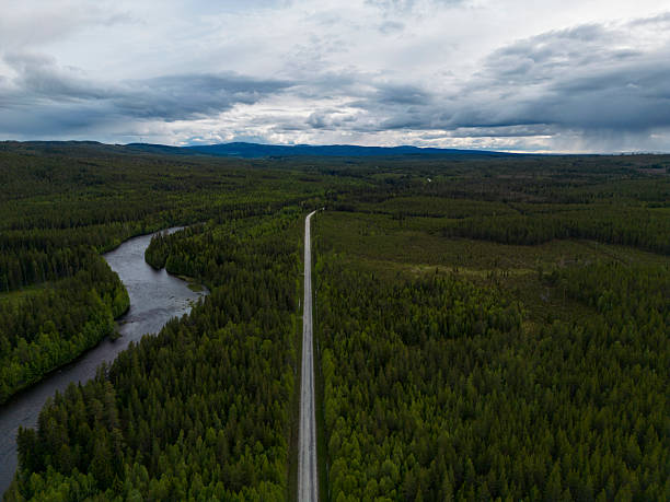 Sweden from above long road. near Stor-Hallen