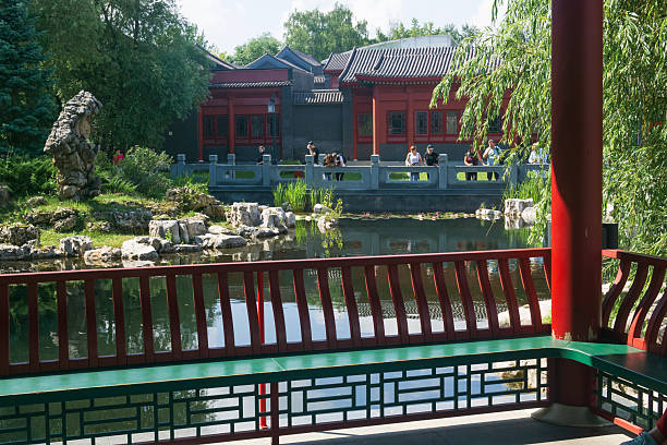 Moscow, Russia - July 22, 2025: Chinese traditional architecture in Huaming garden