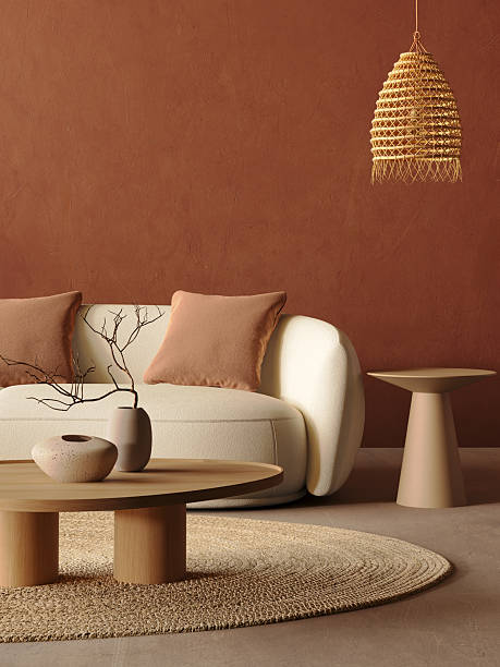 istock 3d render of a contemporary interior with beige lounge sofa, side table and table  lamp over red wall 2234304967
