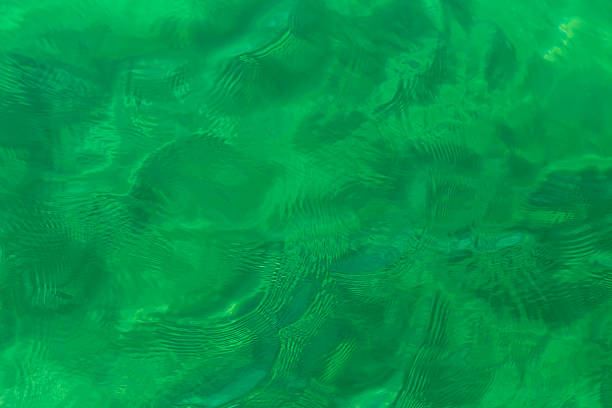 Abstract background texture, emerald green water surface with ripples, waves and shimmering sunlight reflections. Tranquil ocean, sea or lagoon background, ideal for tropical summer travel, relaxation, nature wallpaper, seascape and ocean texture concepts.
