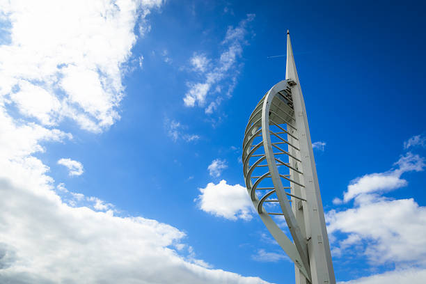 Low angle view of the ultramodern architecture of Spinnaker Tower in Portsmouth, Hampshire, UK.