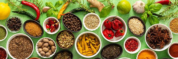 istock Brightly colored spices and herbs arranged on a delicate green background, highlighting their freshness and fragrance for a lively, natural look, banner 2234309425