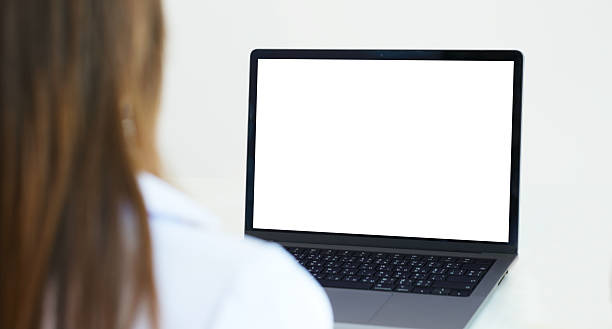 istock Laptop computer screen mockup, template background banner, Woman hand typing laptop computer with blank screen, Business online, e commerce, online study concept 2234323673