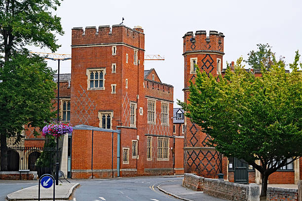 Eton, Berkshire, United Kingdom, August 16, 2025. Eton school or college buildings exterior. View towards 'New School.' Elite private public academic institution. Overcast summer day outdoors.