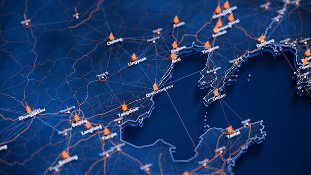 istock Qinhuangdao map big data visualization. Futuristic map infographic of city in China. Visual map data complexity in modern blue and orange colors 2234329028