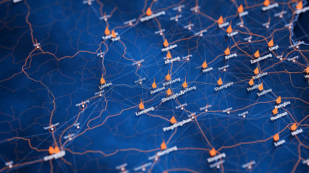 istock Jiaozuo map big data visualization. Futuristic map infographic of city in China. Visual map data complexity in modern blue and orange colors 2234330115