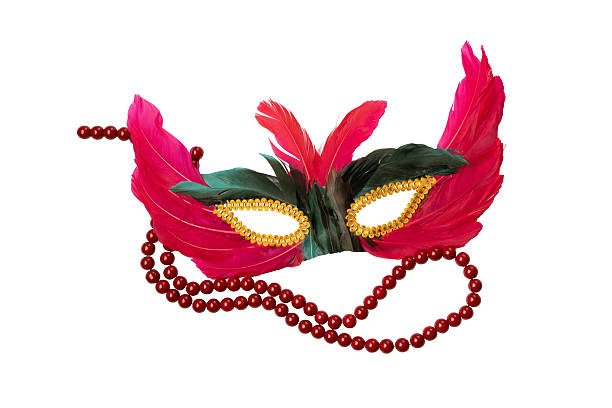 Festive feather carnival mask with red beads isolated on transparent background perfect for halloween and masquerade party celebrations.