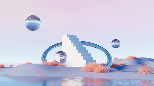 istock 3d render, Surreal minimal scene with floating reflective spheres and white staircase on pastel desert 2234336077